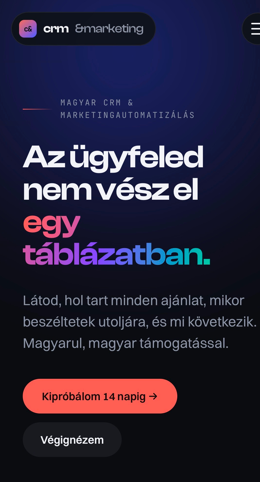 CRM & Marketing — mobil nézet